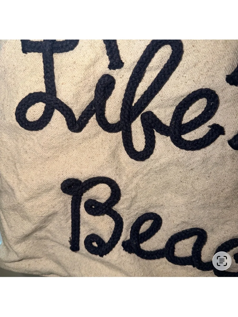 Canvas 'Life's a Beach' Tote Bag in Natural with Navy Script in rope fun beach